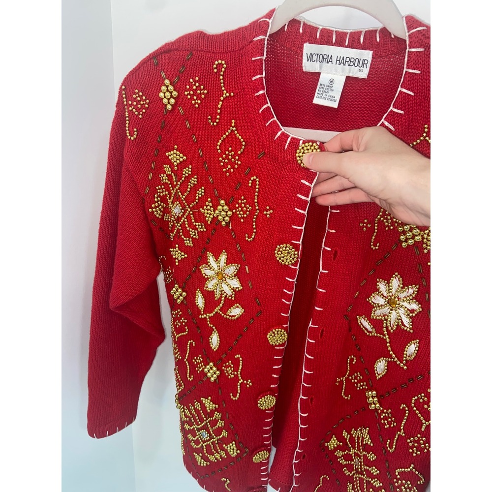 Victoria Harbour Vintage Red Beaded Cardigan Sweater Gold Floral Medium - Picture 2 of 6